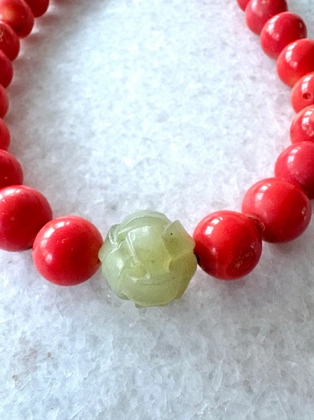 19" Coral and Carved Jade Beaded Necklace - 2025 S/S Collection by Matthew Izzo
