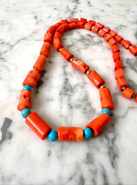30" Coral Branch and Turquoise Beaded Necklace With Antiqued Gold Tone Spacers - Designed by Matthew Izzo