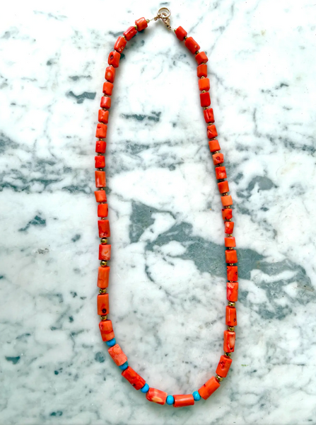 30" Coral Branch and Turquoise Beaded Necklace With Antiqued Gold Tone Spacers - Designed by Matthew Izzo