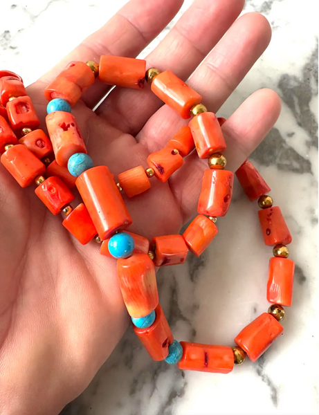 30" Coral Branch and Turquoise Beaded Necklace With Antiqued Gold Tone Spacers - Designed by Matthew Izzo