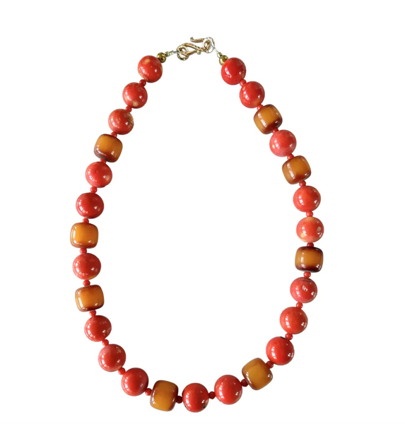 22.5" Coral Beaded Necklace With African Synthe Amber Accents and Gold Tone Hook Clasp - Designed by Matthew Izzo