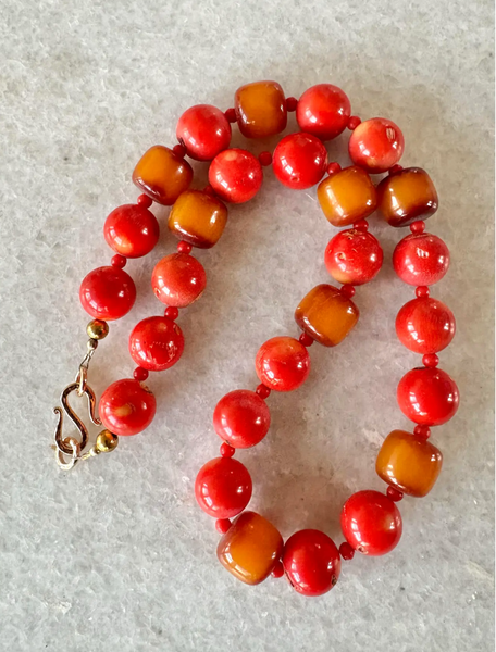 22.5" Coral Beaded Necklace With African Synthe Amber Accents and Gold Tone Hook Clasp - Designed by Matthew Izzo