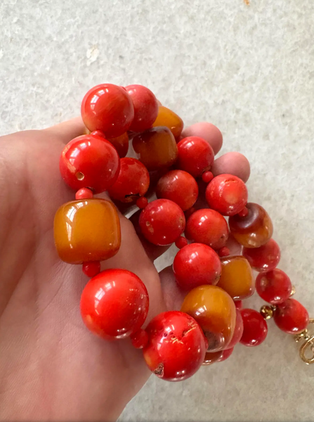 22.5" Coral Beaded Necklace With African Synthe Amber Accents and Gold Tone Hook Clasp - Designed by Matthew Izzo
