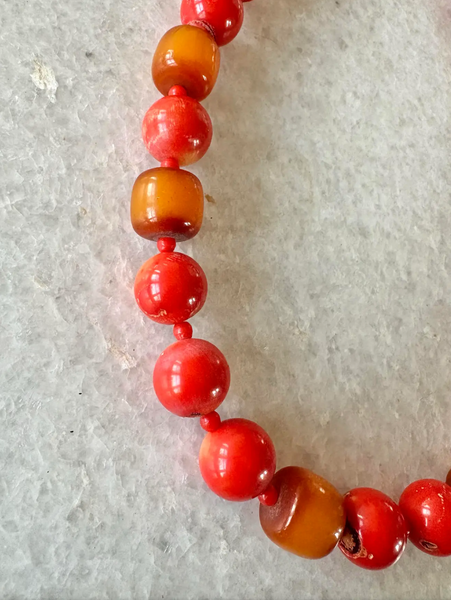 22.5" Coral Beaded Necklace With African Synthe Amber Accents and Gold Tone Hook Clasp - Designed by Matthew Izzo