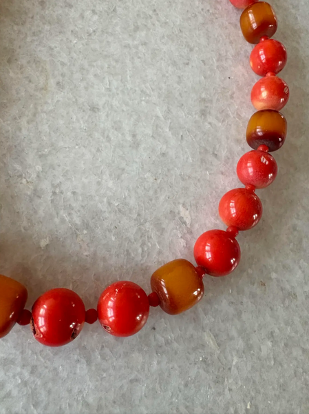 22.5" Coral Beaded Necklace With African Synthe Amber Accents and Gold Tone Hook Clasp - Designed by Matthew Izzo