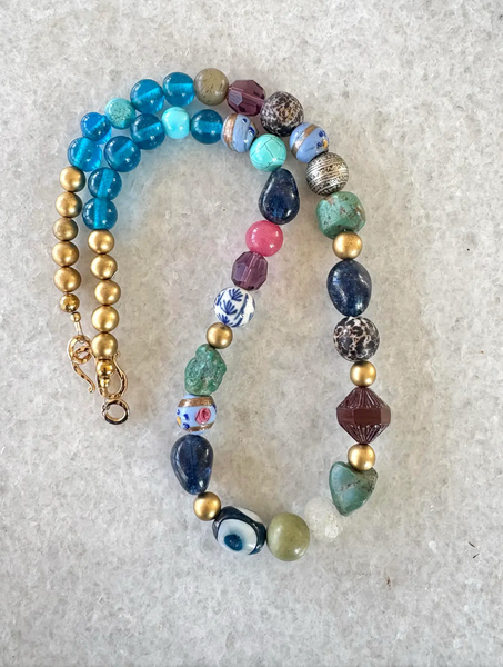 24" Rare Vintage Mixed Gemstone and Boho Glass Beaded Necklace - Designed by Matthew Izzo