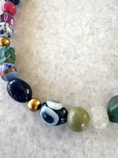 24" Rare Vintage Mixed Gemstone and Boho Glass Beaded Necklace - Designed by Matthew Izzo
