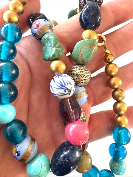 24" Rare Vintage Mixed Gemstone and Boho Glass Beaded Necklace - Designed by Matthew Izzo