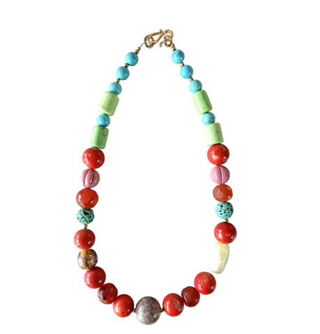 20" Mixed Gem Stone Beaded Necklace With Coral, Turquoise, Jade, and Vintage Boho Glass - Designed by Matthew Izzo