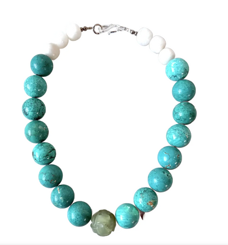 18" Turquoise and Carved Jade Beaded Necklace - Designed by Matthew Izzo