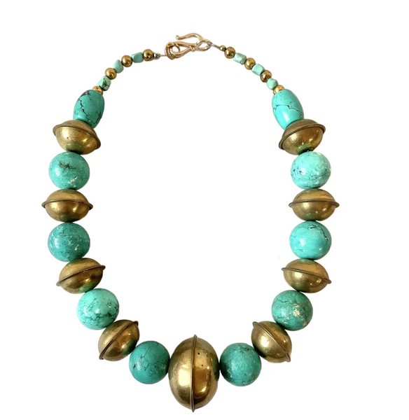 19.5" Turquoise and Vintage Brass Beaded Necklace With Gold Tone Hook Clasp - Designed by Matthew Izzo