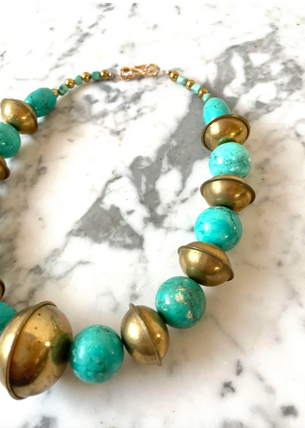 19.5" Turquoise and Vintage Brass Beaded Necklace With Gold Tone Hook Clasp - Designed by Matthew Izzo