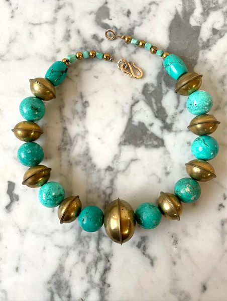 19.5" Turquoise and Vintage Brass Beaded Necklace With Gold Tone Hook Clasp - Designed by Matthew Izzo