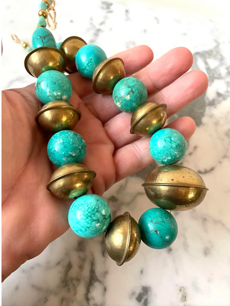 19.5" Turquoise and Vintage Brass Beaded Necklace With Gold Tone Hook Clasp - Designed by Matthew Izzo