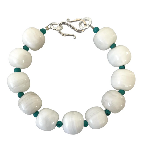 Boho Glass and Turquoise Beaded Bracelet With Silver Tone Hook Clasp - Designed by Matthew Izzo