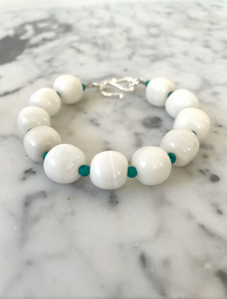 Boho Glass and Turquoise Beaded Bracelet With Silver Tone Hook Clasp - Designed by Matthew Izzo
