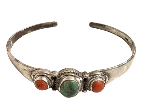 Vintage 1970s Sterling Silver Navajo Coral and Turquoise Cuff Bracelet
