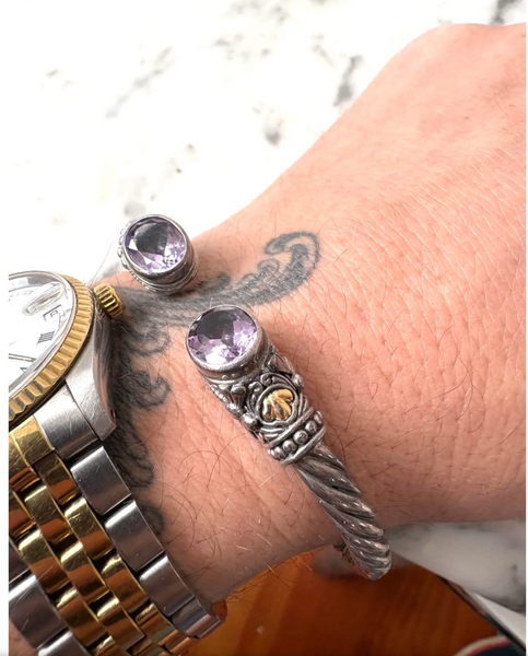 Sterling Silver, Amethyst, and 18k Gold Hinge Bracelet with Dragonflies