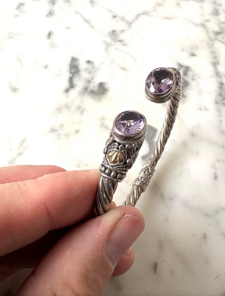 Sterling Silver, Amethyst, and 18k Gold Hinge Bracelet with Dragonflies