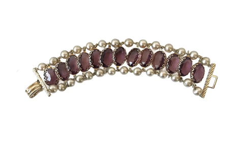 Vintage Estate Coro Gold Plated Bracelet with Faux Pearls and Amethyst Stones