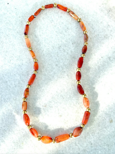 26" African Carnelian Beaded Necklace with Gold Tone Spacers - Designed by Matthew Izzo