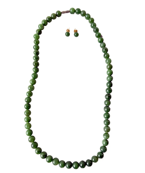 25" Beaded Jade Necklace and Stud Earrings Set