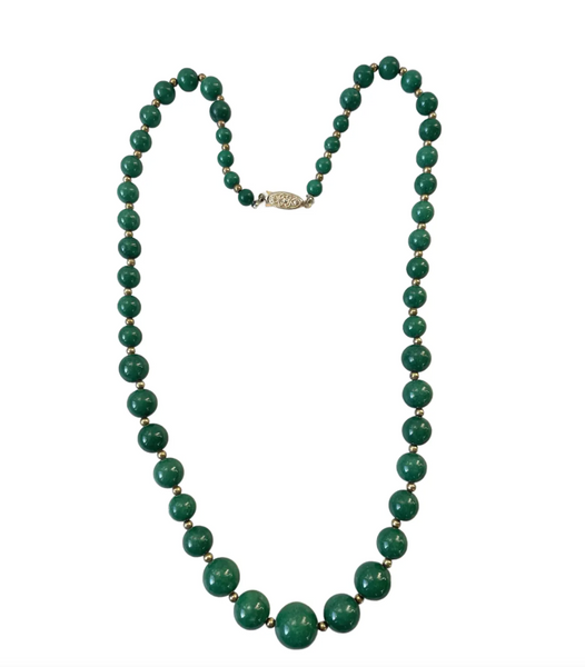23" Green Jade Nephrite and Gold Tone Beaded Necklace