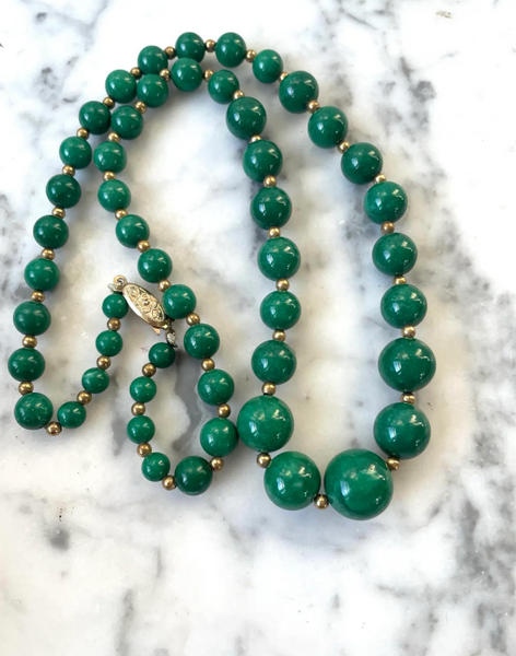 23" Green Jade Nephrite and Gold Tone Beaded Necklace