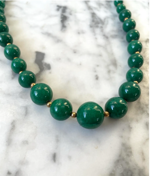 23" Green Jade Nephrite and Gold Tone Beaded Necklace