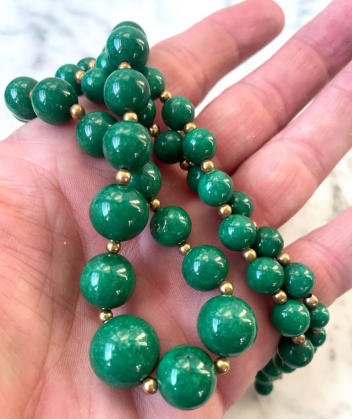 23" Green Jade Nephrite and Gold Tone Beaded Necklace
