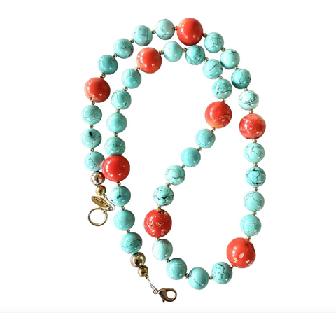 27" Turquoise and Coral Necklace with Gold Tone Clasp