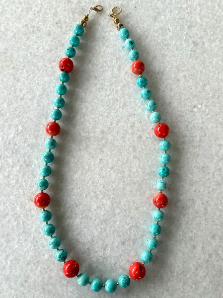 27" Turquoise and Coral Necklace with Gold Tone Clasp