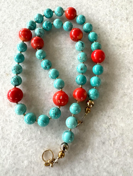 27" Turquoise and Coral Necklace with Gold Tone Clasp