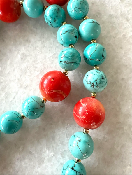 27" Turquoise and Coral Necklace with Gold Tone Clasp