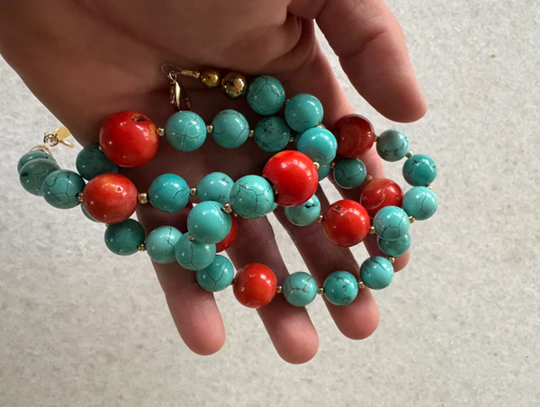 27" Turquoise and Coral Necklace with Gold Tone Clasp
