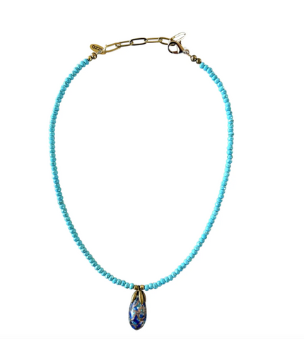 18" Turquoise Beaded Necklace with Vintage Hand Made Glass Chinese Pendant - Designed by Matthew Izzo