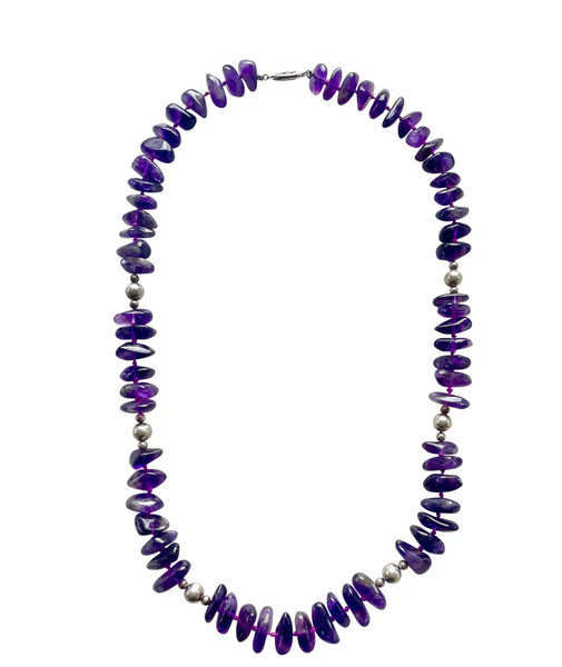 18" Vintage 1980s Amethyst and Sterling Silver Hand Knotted Beaded Necklace