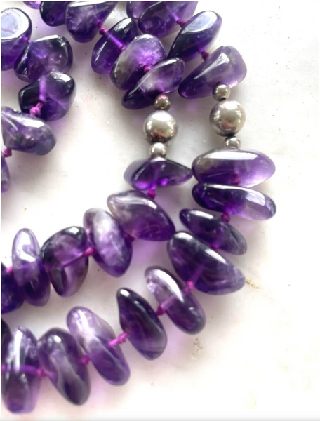 18" Vintage 1980s Amethyst and Sterling Silver Hand Knotted Beaded Necklace
