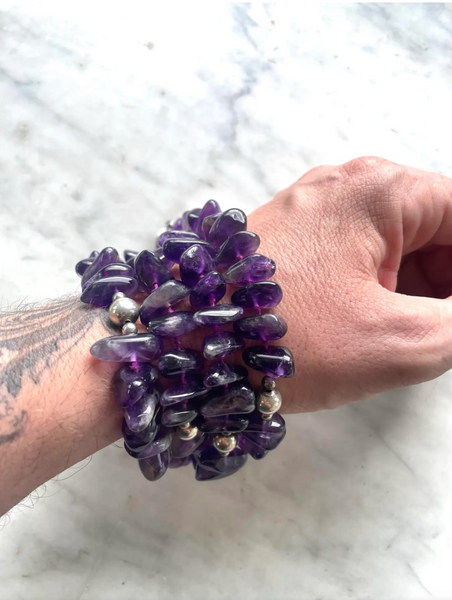 18" Vintage 1980s Amethyst and Sterling Silver Hand Knotted Beaded Necklace