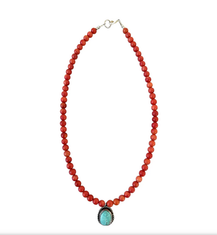 18" Coral Beaded Necklace with Sterling Silver and Turquoise Pendant - Designed by Matthew Izzo