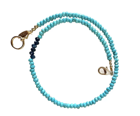 18" Fine Faceted Turquoise Necklace with Sapphire Blue Quartz Detail and Gold Tone Clasp - Designed by Matthew Izzo