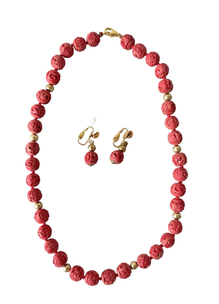 Vintage Chinese Cinnabar Beaded Necklace and Screw Back Earrings Set