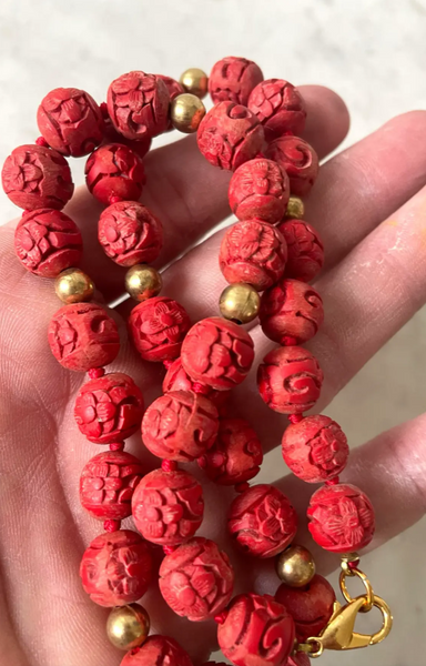 Vintage Chinese Cinnabar Beaded Necklace and Screw Back Earrings Set