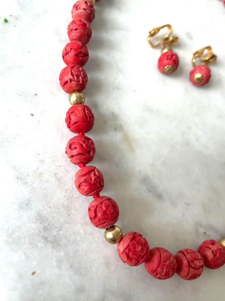 Vintage Chinese Cinnabar Beaded Necklace and Screw Back Earrings Set