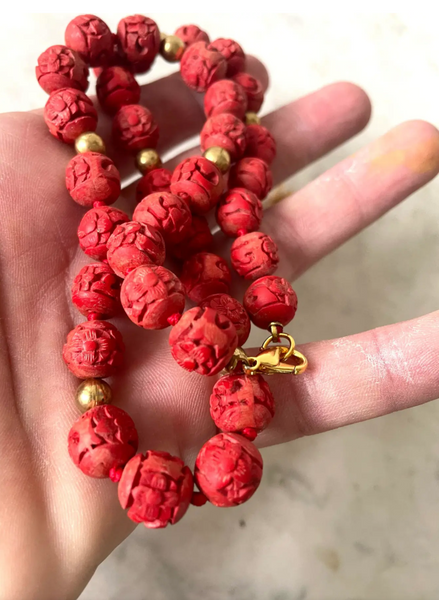 Vintage Chinese Cinnabar Beaded Necklace and Screw Back Earrings Set