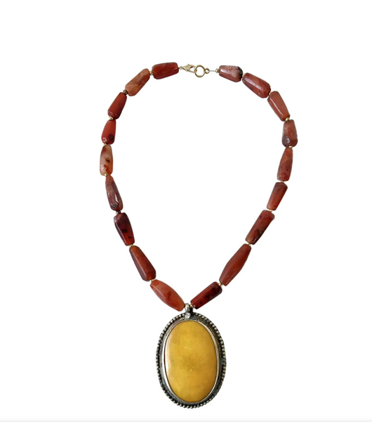 20" Vintage Carved Carnelian Beaded Necklace with Brass and Resin Pendant