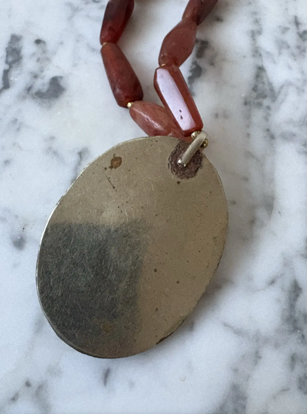 20" Vintage Carved Carnelian Beaded Necklace with Brass and Resin Pendant