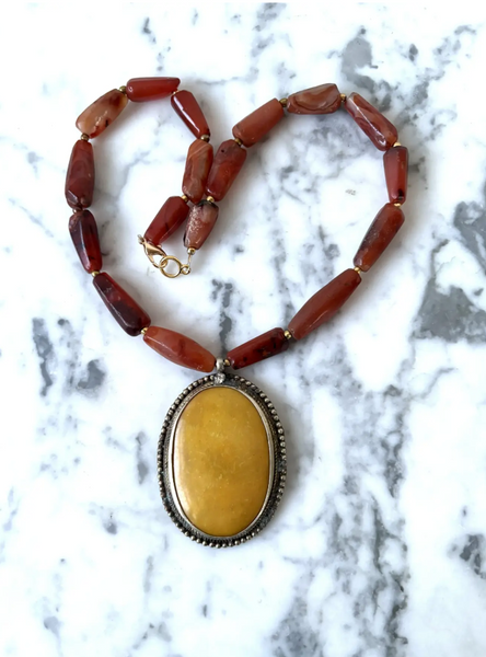 20" Vintage Carved Carnelian Beaded Necklace with Brass and Resin Pendant