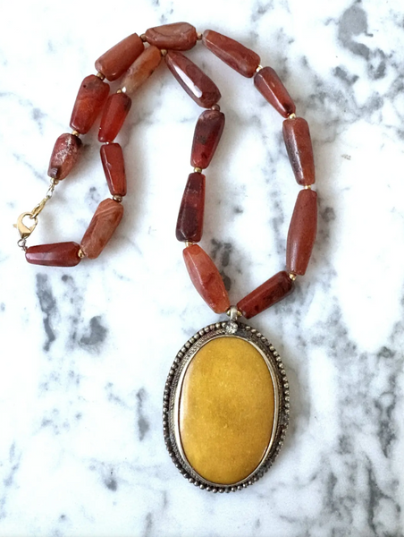 20" Vintage Carved Carnelian Beaded Necklace with Brass and Resin Pendant