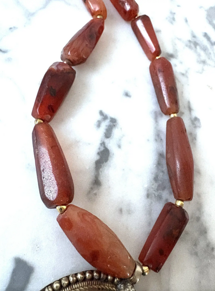 20" Vintage Carved Carnelian Beaded Necklace with Brass and Resin Pendant
